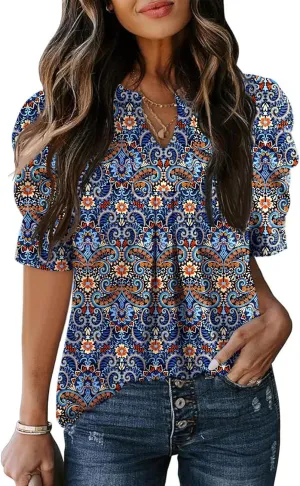 Women's Puff Short Sleeve Shirt V Neck Summer Tops Casual Fashion T Shirts Loose Fit Blouses