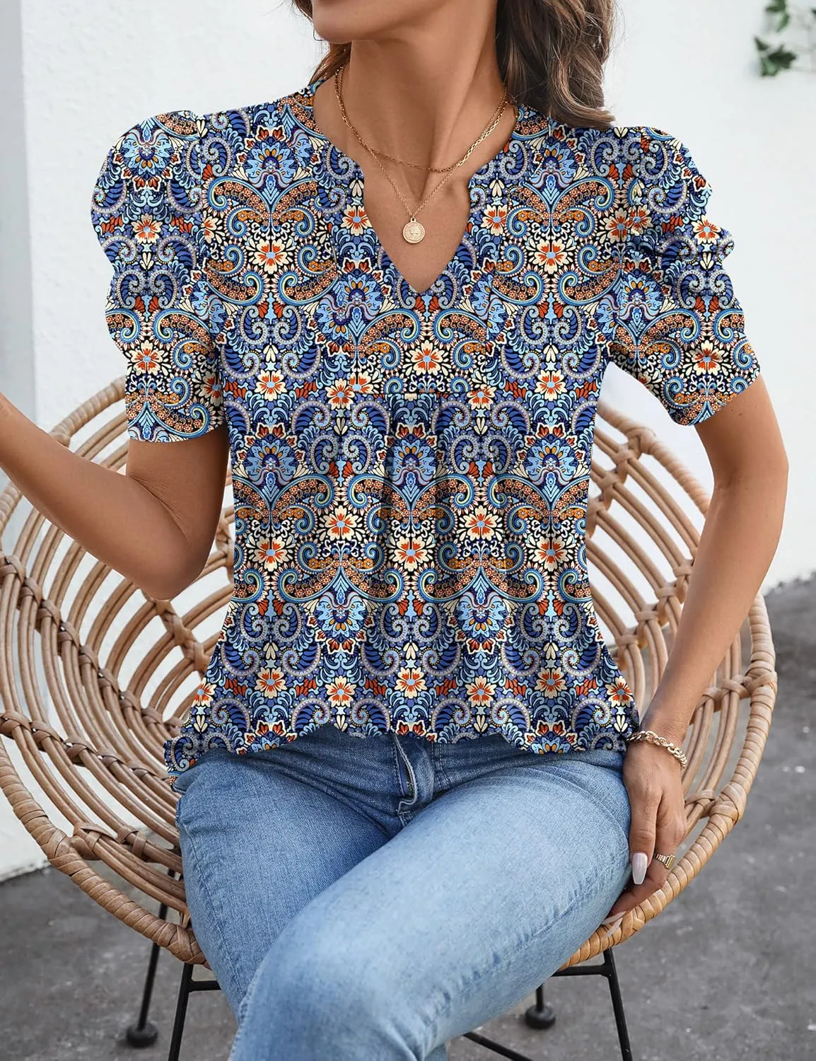 Women's Puff Short Sleeve Shirt V Neck Summer Tops Casual Fashion T Shirts Loose Fit Blouses