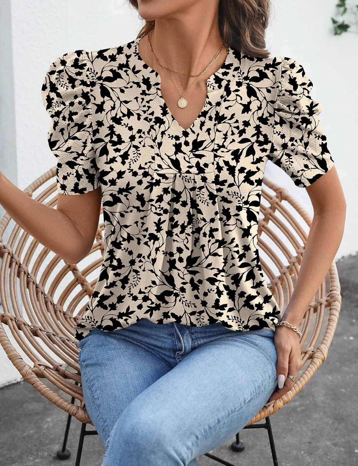 Women's Puff Short Sleeve Shirt V Neck Summer Tops Casual Fashion T Shirts Loose Fit Blouses
