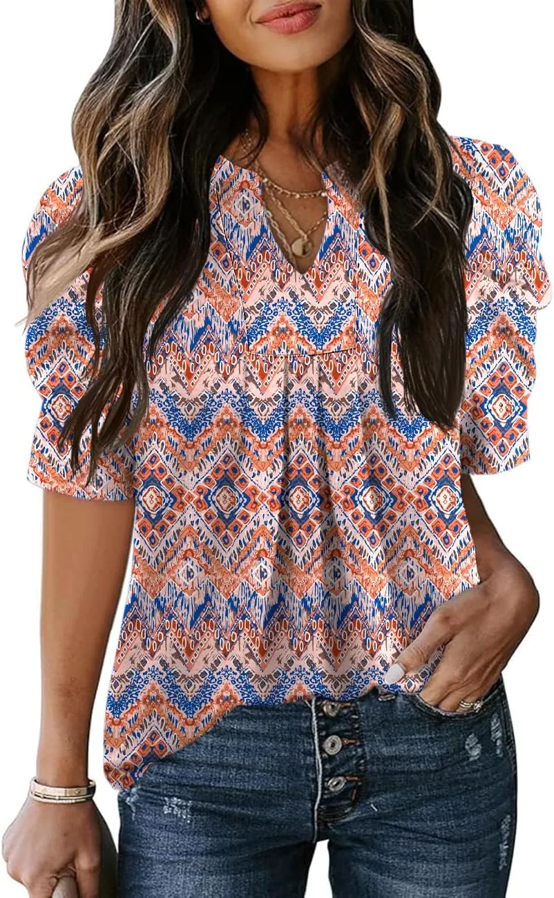 Women's Puff Short Sleeve Shirt V Neck Summer Tops Casual Fashion T Shirts Loose Fit Blouses