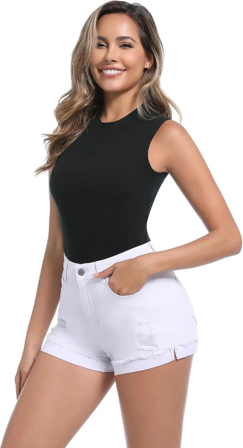 Women's Ripped Mid Rise Stretchy Denim Jeans Shorts