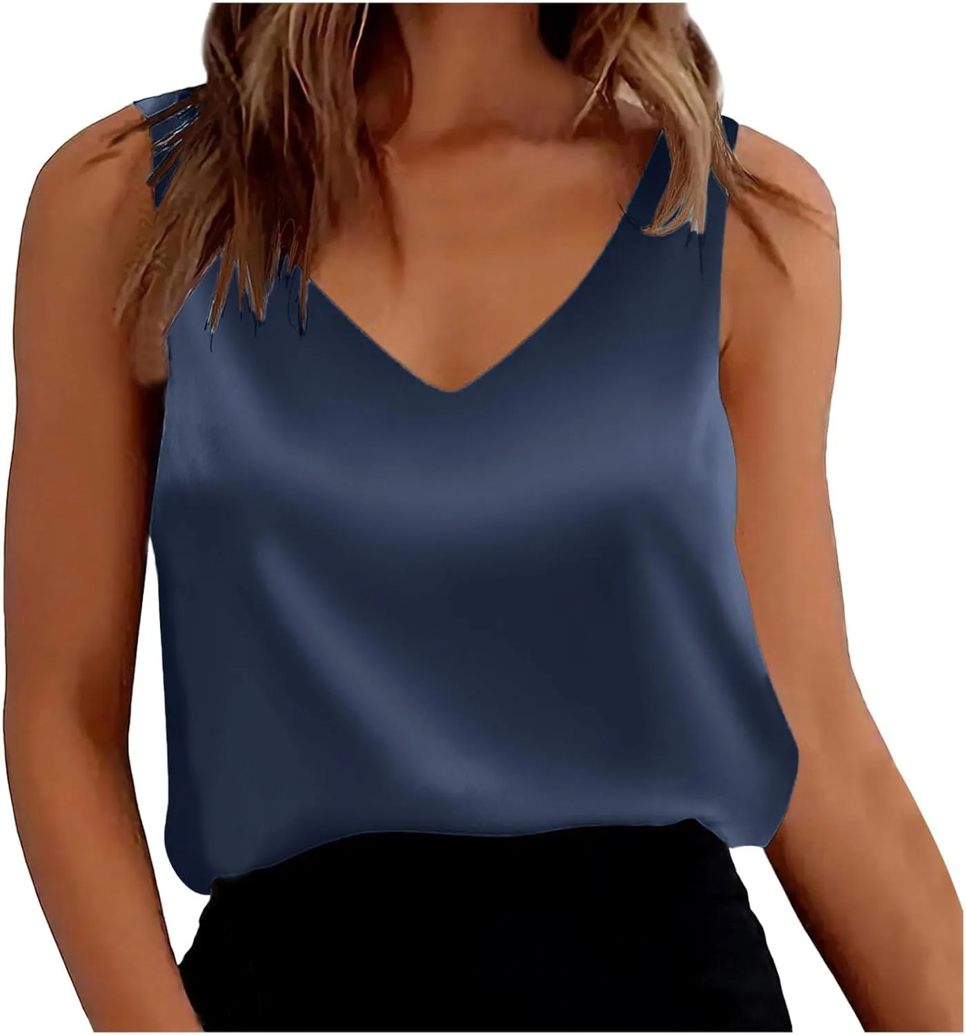 Womens Satin V Neck Lace Trim Buttoned Cami Spaghetti Strap Camisole Sleeveless Tank Tops Business Tops Summer Blouses Casual