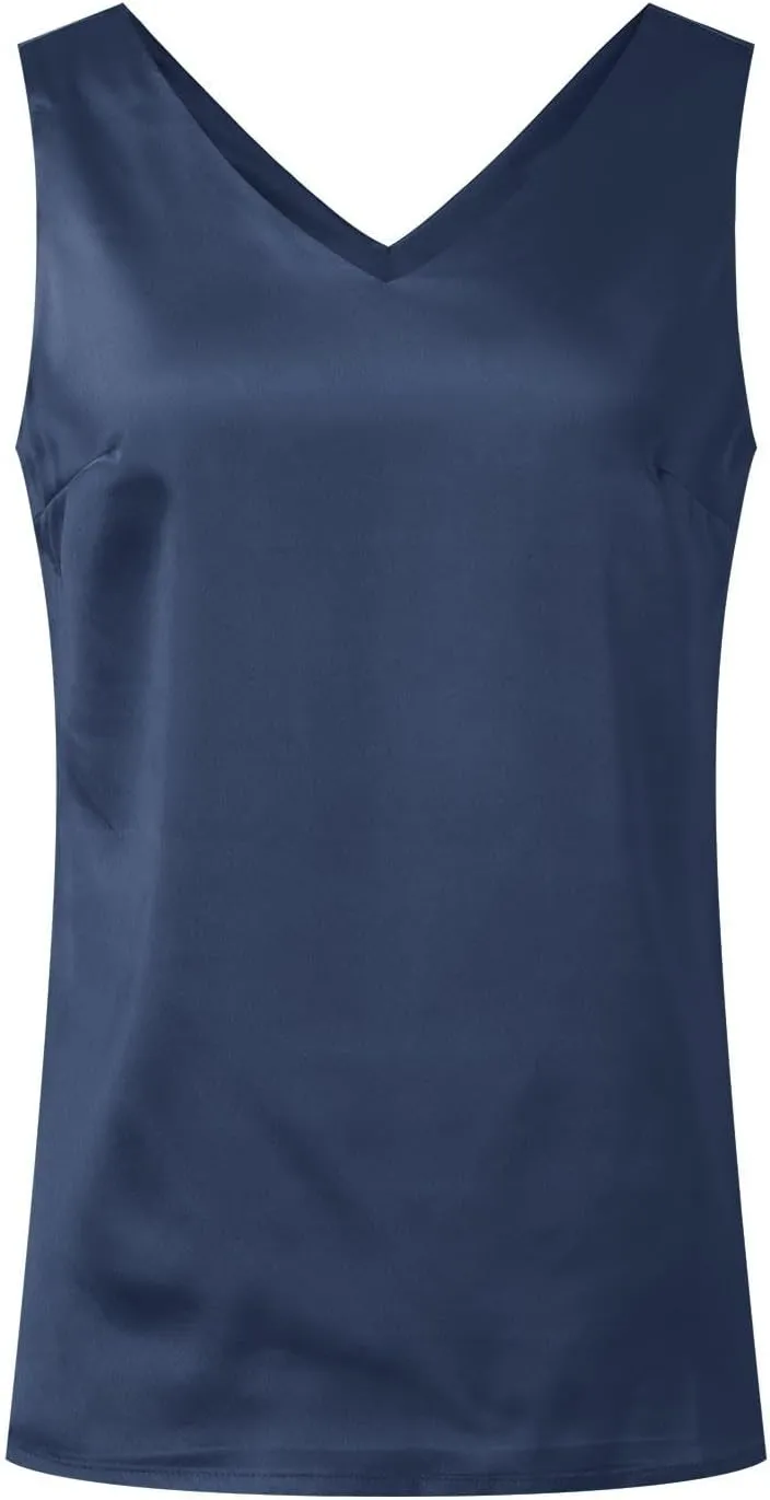 Womens Satin V Neck Lace Trim Buttoned Cami Spaghetti Strap Camisole Sleeveless Tank Tops Business Tops Summer Blouses Casual