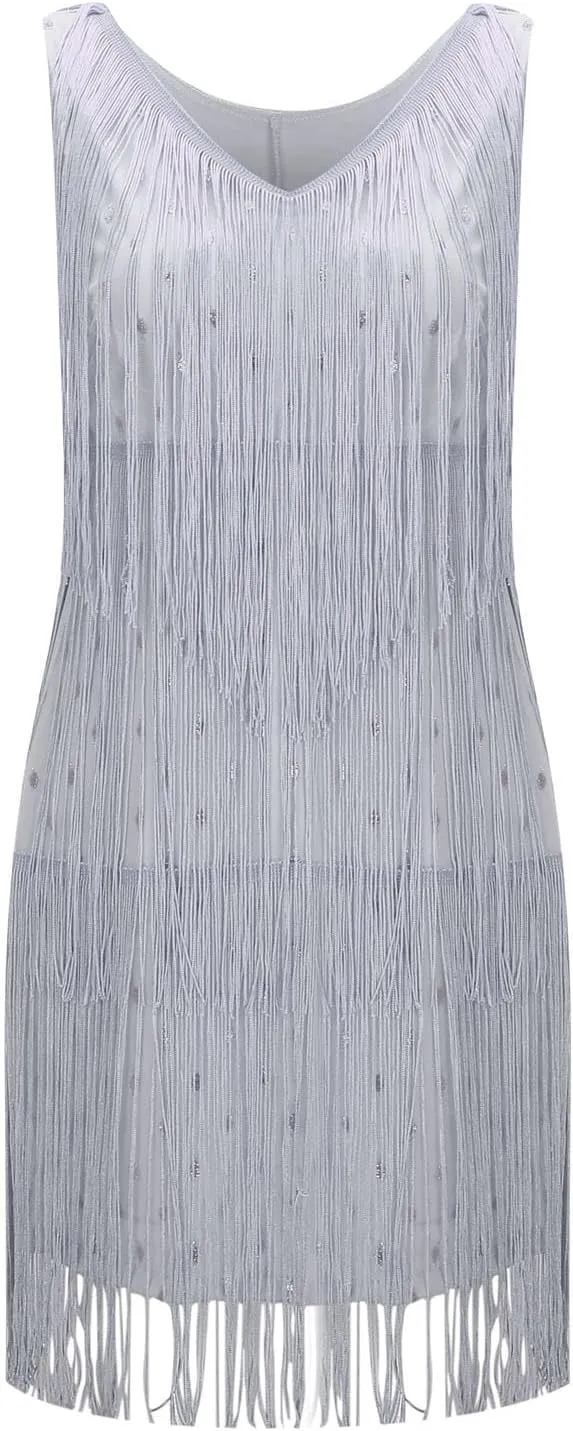 Womens Sequin Fringe Dress Spring Casual Disco Mini Dresses Sleeveless V Neck Dance Club Wear Swing Party Short Skirt