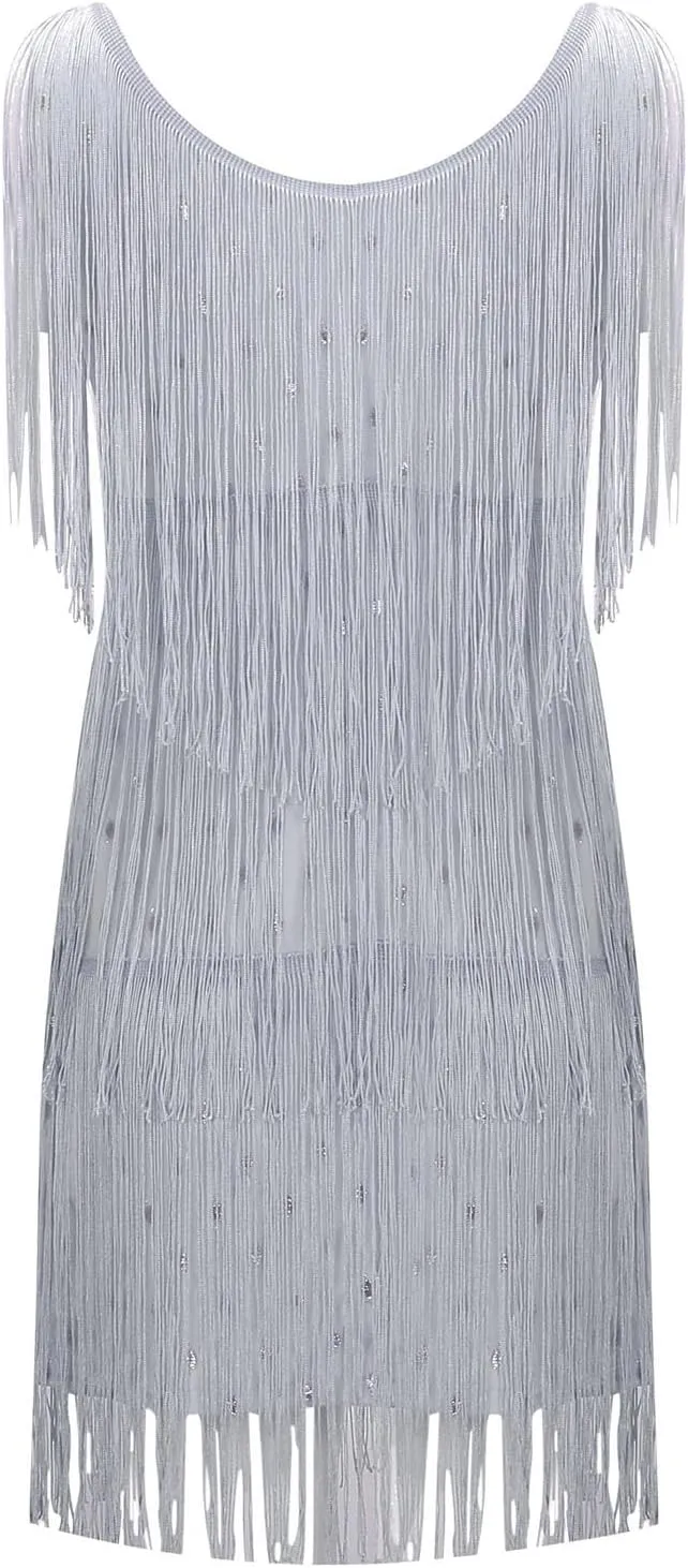 Womens Sequin Fringe Dress Spring Casual Disco Mini Dresses Sleeveless V Neck Dance Club Wear Swing Party Short Skirt