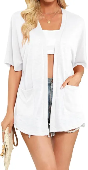 Womens Short Sleeve Cardigans Lightweight Summer Loose Beach Open Front Cardigan Casual Solid Color Coat with Pocket