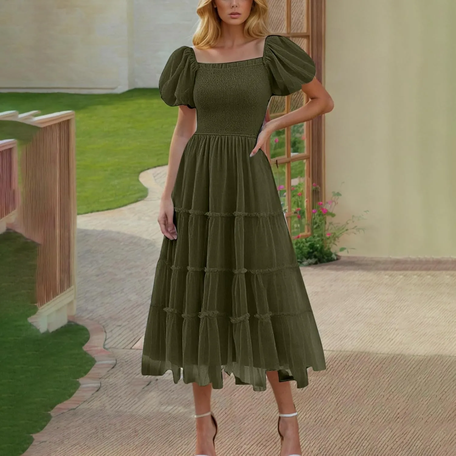 Women's Smocked Midi Tulle Dress 2025 Summer Puffy Short Sleeve Square Neck Dress Ruffle Wedding Guest Party Dresses