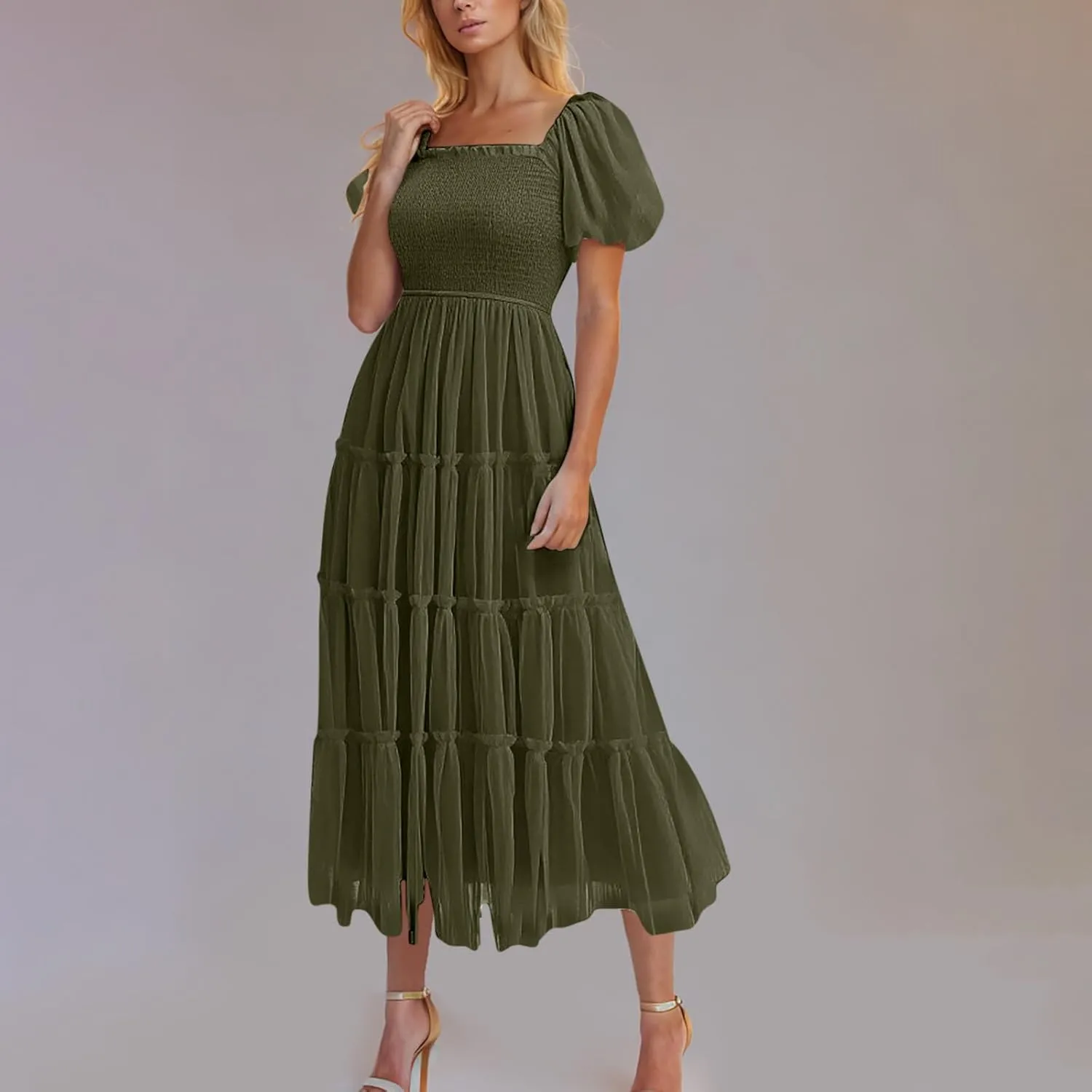 Women's Smocked Midi Tulle Dress 2025 Summer Puffy Short Sleeve Square Neck Dress Ruffle Wedding Guest Party Dresses