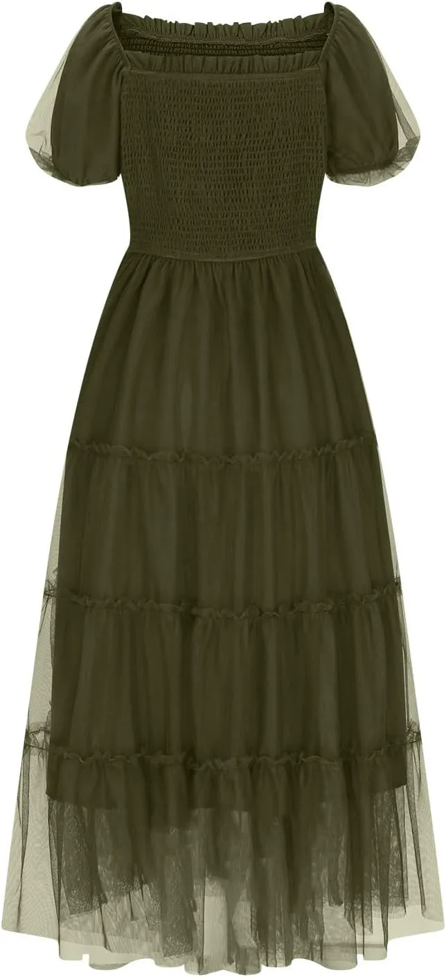 Women's Smocked Midi Tulle Dress 2025 Summer Puffy Short Sleeve Square Neck Dress Ruffle Wedding Guest Party Dresses