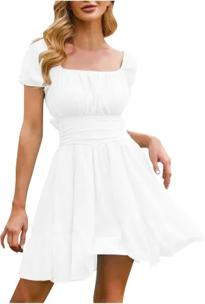 Women's Smocked Ruffle Mini Dress Mesh Long Sleeve Square Neck Party Dresses Flowy Casual A Line Summer Skirt
