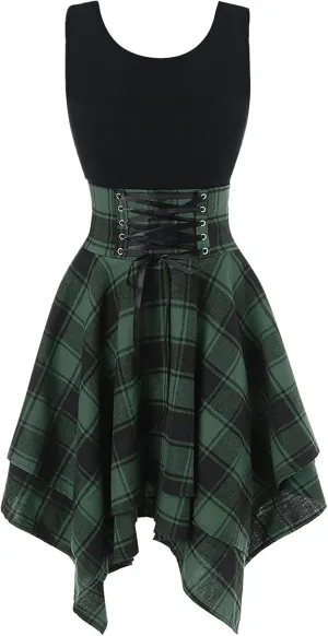 Women's Spring Dresses 2024 Fashion Sleeveless Cold Shoulder Cross Up Plaid Print Irregular Dress, S-2Xl