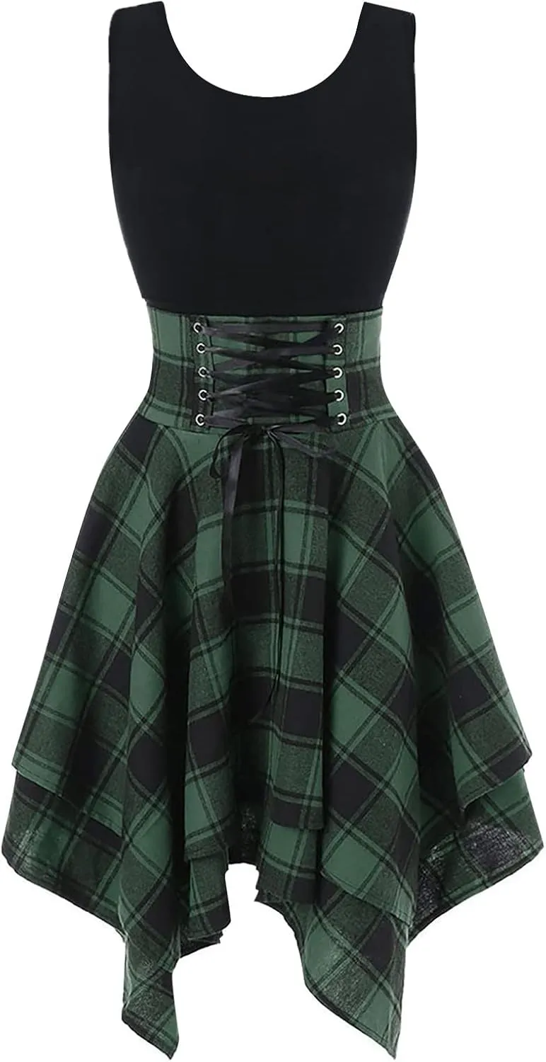 Women's Spring Dresses 2024 Fashion Sleeveless Cold Shoulder Cross Up Plaid Print Irregular Dress, S-2Xl