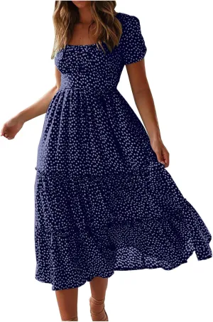 Women's Square Neck Casual Midi Dresses Polka Dot Sundress Short Sleeve Tiered Flowy Fashion Summer Dresses