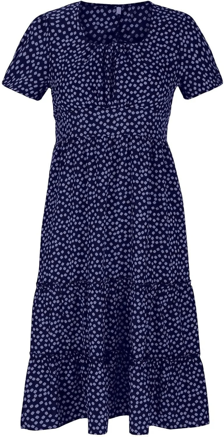 Women's Square Neck Casual Midi Dresses Polka Dot Sundress Short Sleeve Tiered Flowy Fashion Summer Dresses