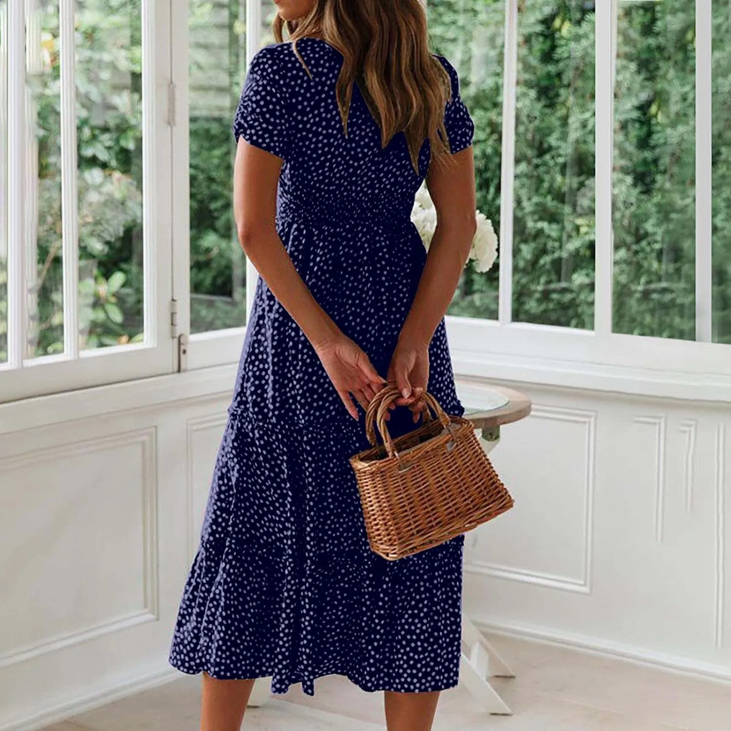 Women's Square Neck Casual Midi Dresses Polka Dot Sundress Short Sleeve Tiered Flowy Fashion Summer Dresses
