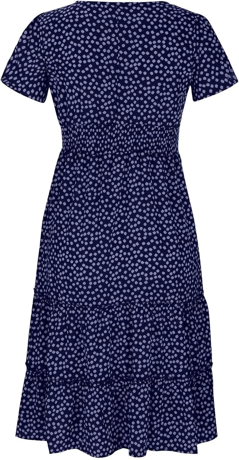 Women's Square Neck Casual Midi Dresses Polka Dot Sundress Short Sleeve Tiered Flowy Fashion Summer Dresses