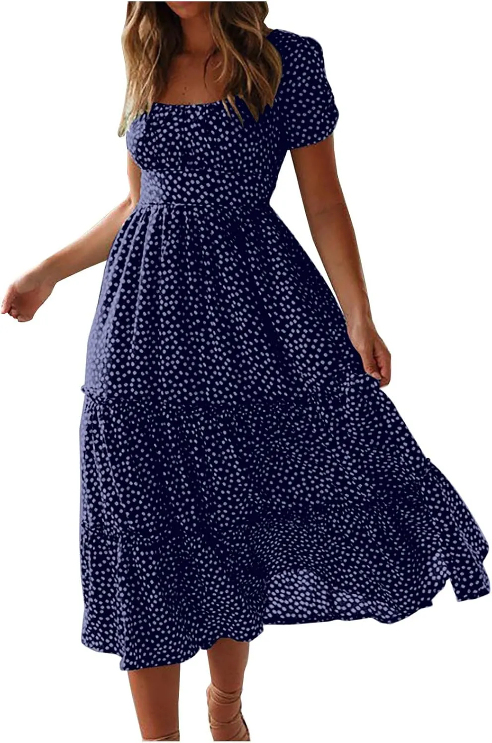 Women's Square Neck Casual Midi Dresses Polka Dot Sundress Short Sleeve Tiered Flowy Fashion Summer Dresses