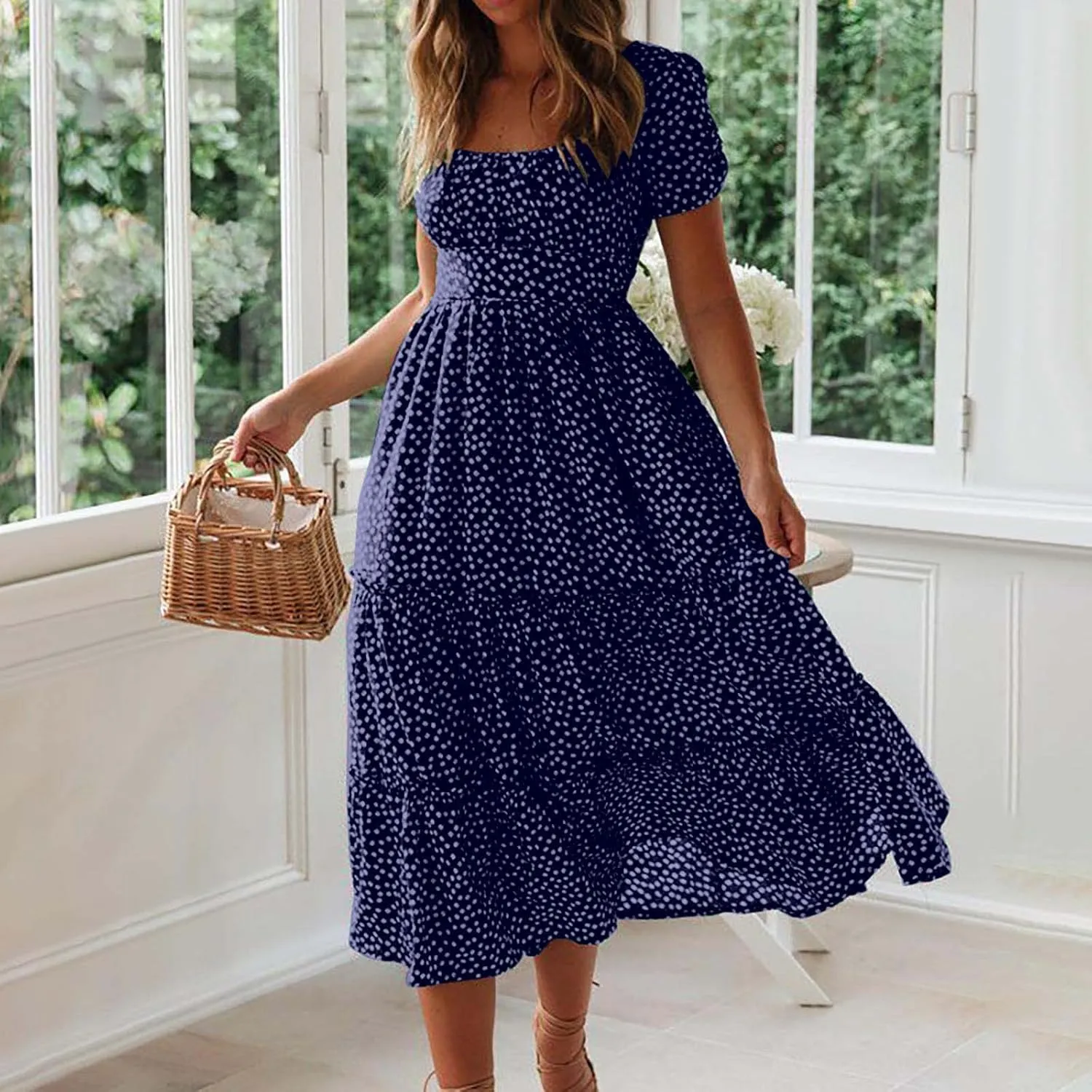 Women's Square Neck Casual Midi Dresses Polka Dot Sundress Short Sleeve Tiered Flowy Fashion Summer Dresses