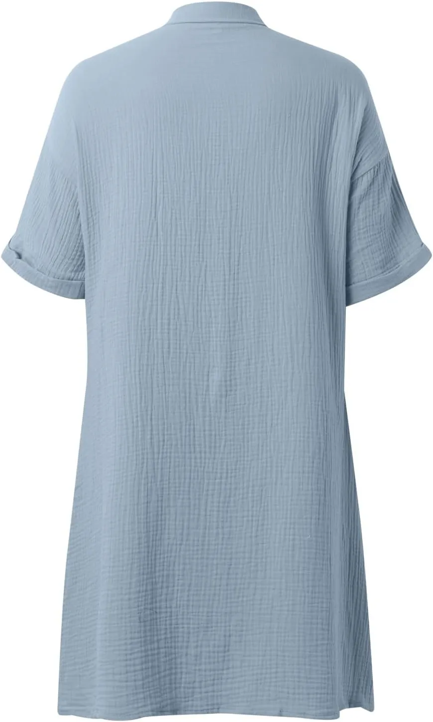Womens Summer Button Down Shirt Dress Short Cap Sleeve Mini Dresses Loose Fit Casual Sundress with Pockets