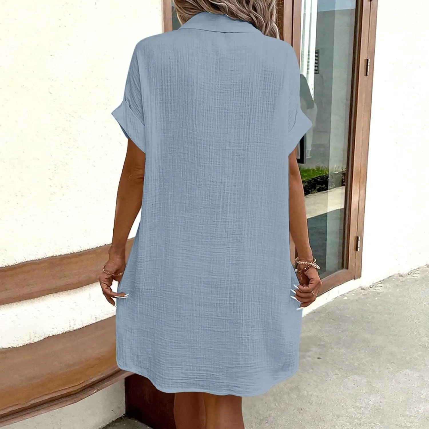 Womens Summer Button Down Shirt Dress Short Cap Sleeve Mini Dresses Loose Fit Casual Sundress with Pockets