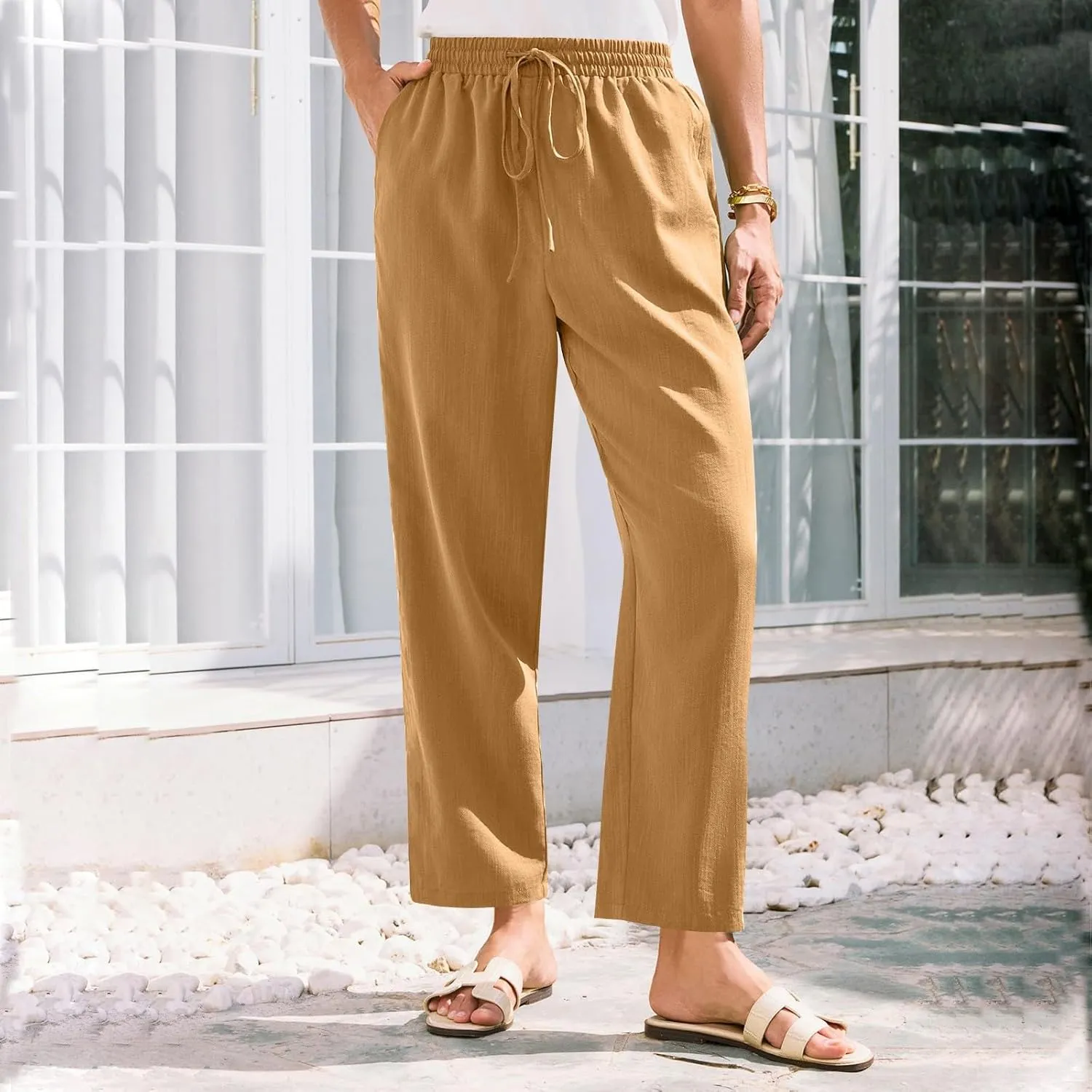 Womens Summer Casual Cotton and Linen High Waist Pants 2025 Fashion Drawstring Loose Fit Trousers with Pockets