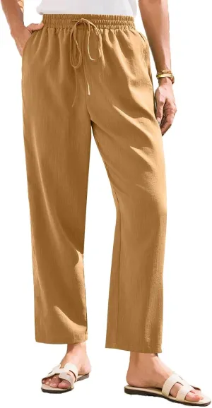 Womens Summer Casual Cotton and Linen High Waist Pants 2025 Fashion Drawstring Loose Fit Trousers with Pockets