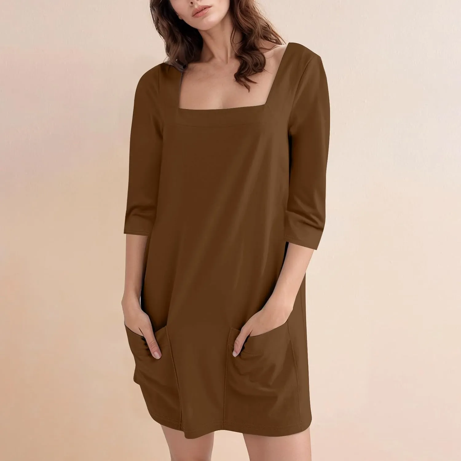 Women's Summer Casual Loose Trendy Dress Square Neck 3/4 Sleeve Solid Color Patchwork Midi Dresses, S-3XL