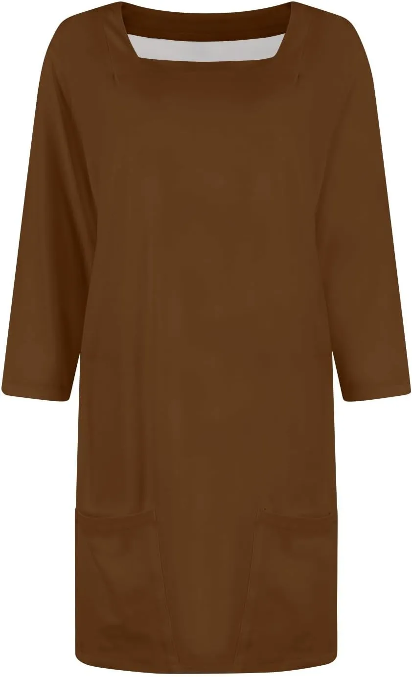 Women's Summer Casual Loose Trendy Dress Square Neck 3/4 Sleeve Solid Color Patchwork Midi Dresses, S-3XL