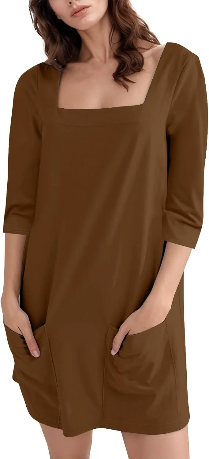 Women's Summer Casual Loose Trendy Dress Square Neck 3/4 Sleeve Solid Color Patchwork Midi Dresses, S-3XL