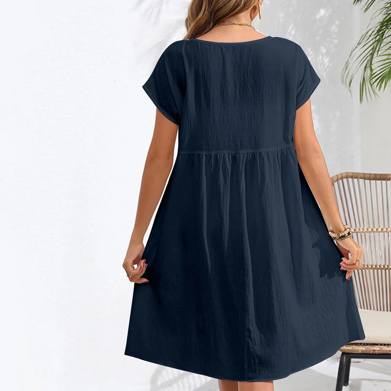Womens Summer Cotton Linen Dress Casual Mid Length Short Sleeve Fashion 2025 Round Neck A Line Flowy Swing Short Dress