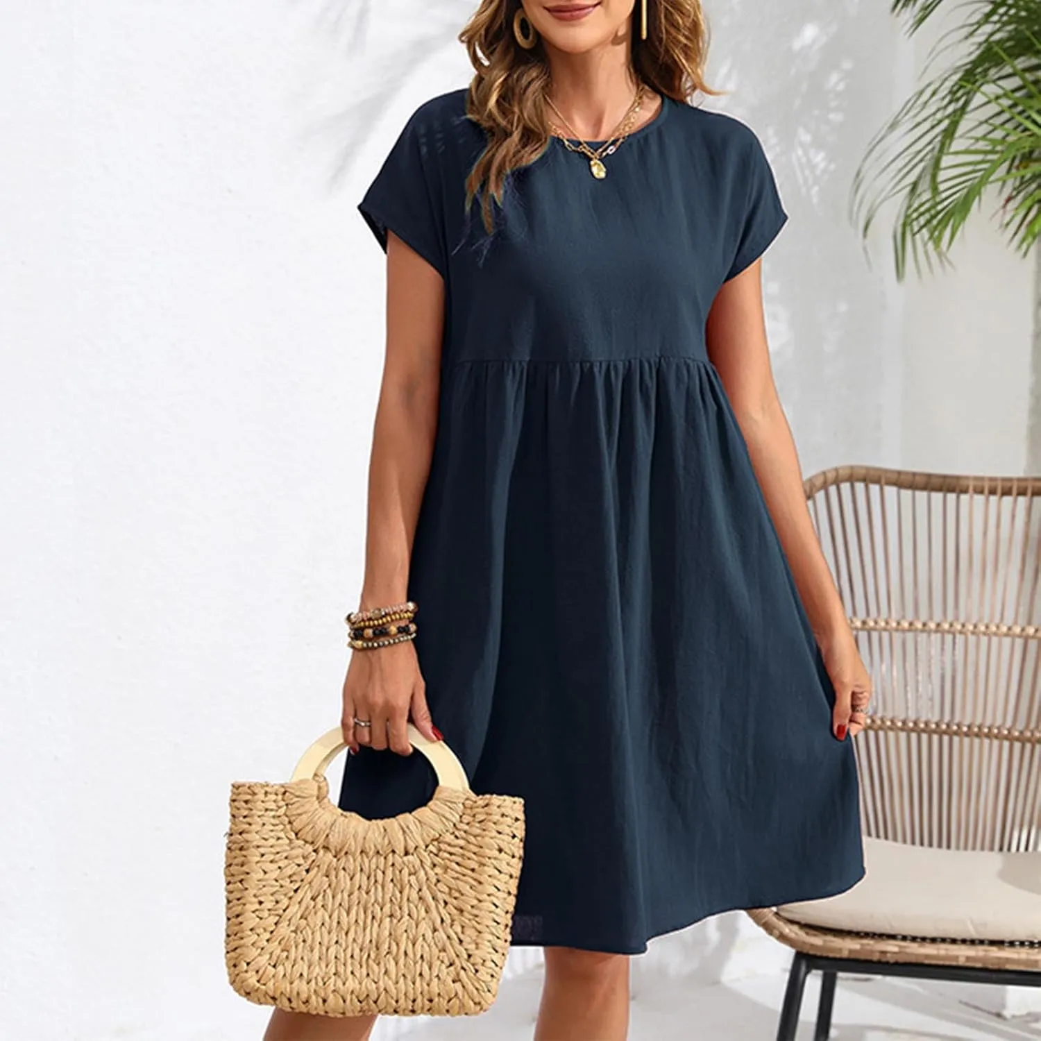 Womens Summer Cotton Linen Dress Casual Mid Length Short Sleeve Fashion 2025 Round Neck A Line Flowy Swing Short Dress