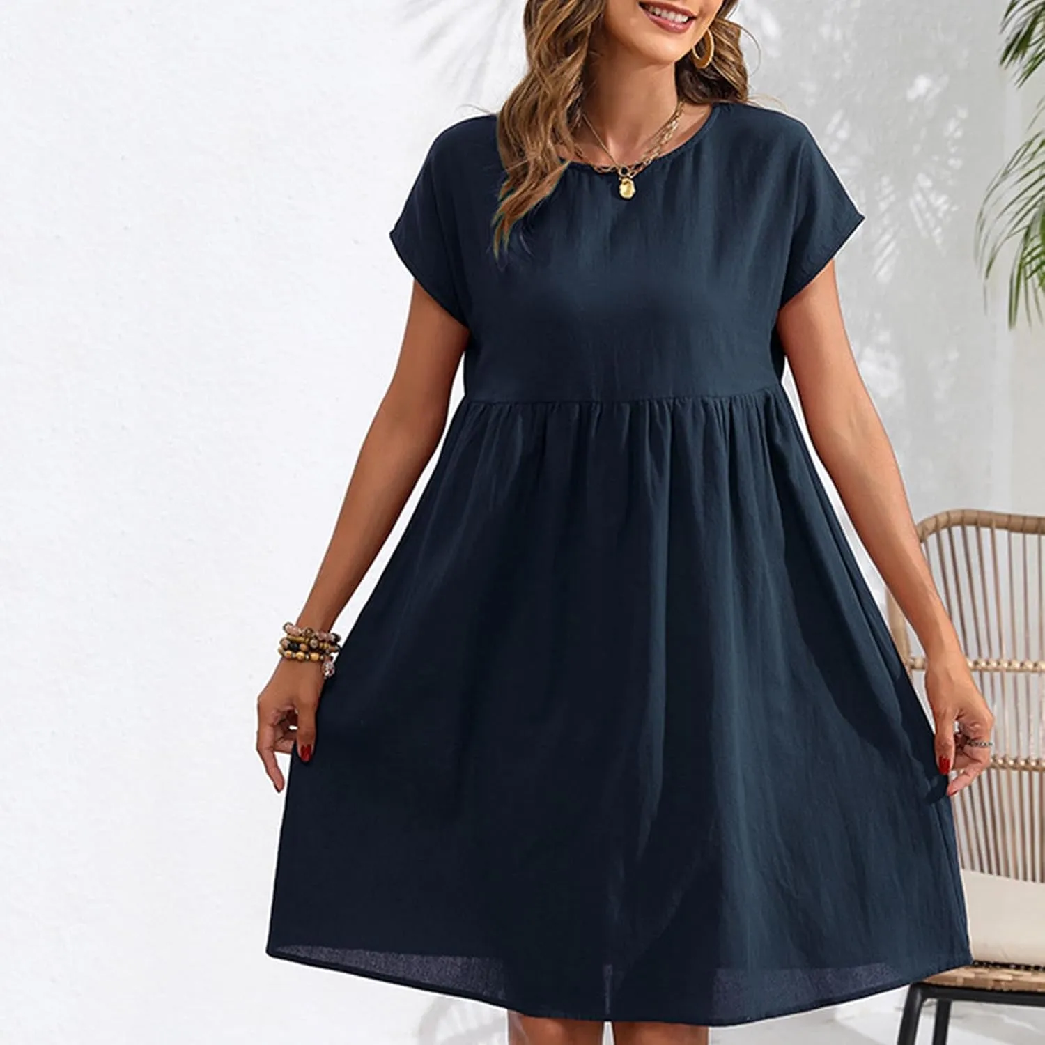 Womens Summer Cotton Linen Dress Casual Mid Length Short Sleeve Fashion 2025 Round Neck A Line Flowy Swing Short Dress
