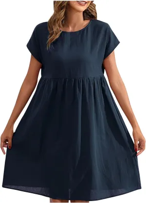 Womens Summer Cotton Linen Dress Casual Mid Length Short Sleeve Fashion 2025 Round Neck A Line Flowy Swing Short Dress