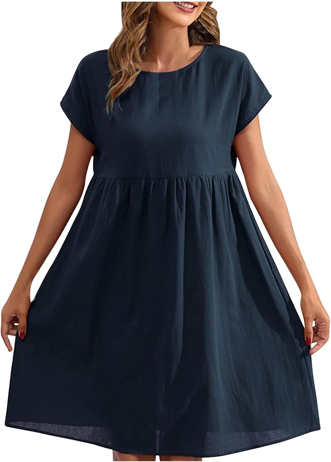 Womens Summer Cotton Linen Dress Casual Mid Length Short Sleeve Fashion 2025 Round Neck A Line Flowy Swing Short Dress