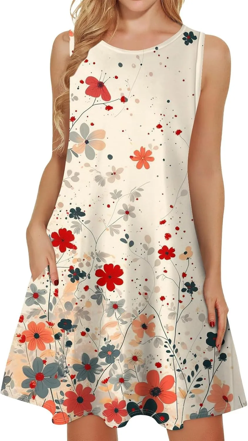 Womens Summer Dresses 2025 Loose Round Neck Boho Dress Beach Casual Sleeveless Floral Print Tank Sundress with Pockets