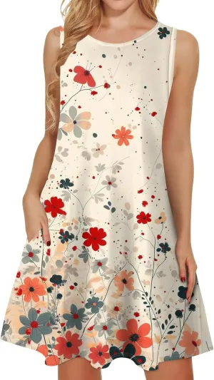 Womens Summer Dresses 2025 Loose Round Neck Boho Dress Beach Casual Sleeveless Floral Print Tank Sundress with Pockets