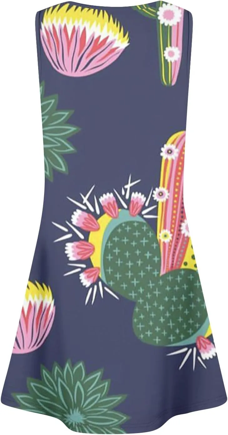 Womens Summer Dresses Casual Beach Vacation Sleeveless Tank Sundresses Boho Hawaiian Dress with Pockets