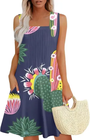 Womens Summer Dresses Casual Beach Vacation Sleeveless Tank Sundresses Boho Hawaiian Dress with Pockets
