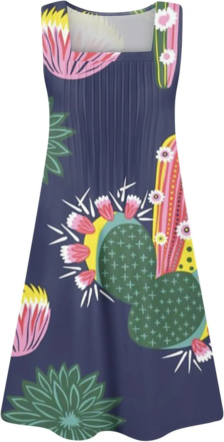 Womens Summer Dresses Casual Beach Vacation Sleeveless Tank Sundresses Boho Hawaiian Dress with Pockets