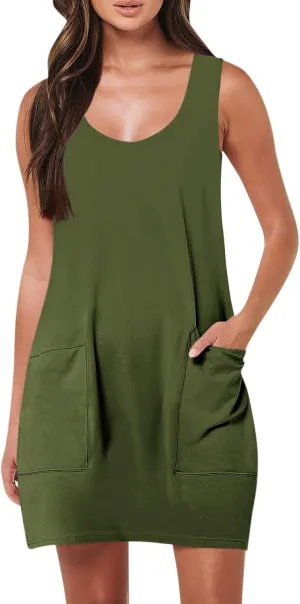Womens Summer Dresses Trendy Holiday Sleeveless Pocket Tank Dress Casual Scoop Neck Beach Party Mini Sundress