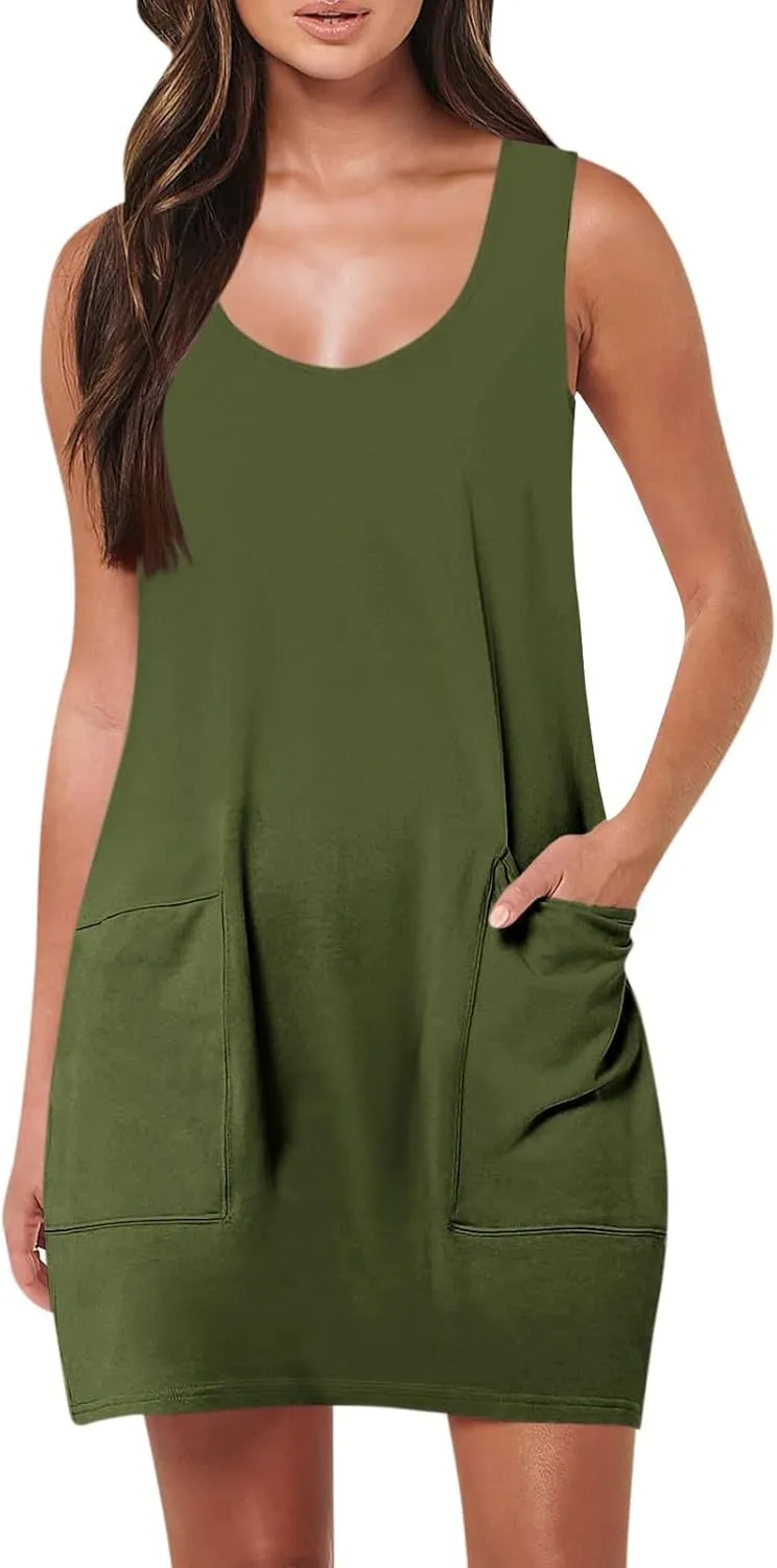 Womens Summer Dresses Trendy Holiday Sleeveless Pocket Tank Dress Casual Scoop Neck Beach Party Mini Sundress