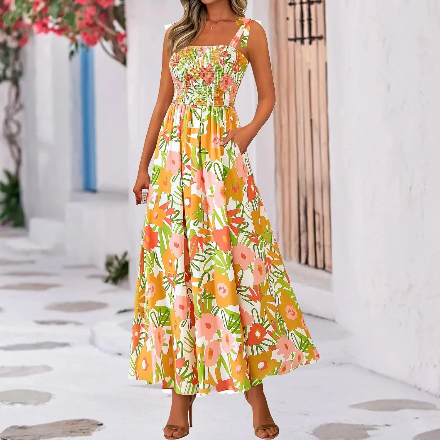 Women's Summer Floral Maxi Dress Spaghetti Strap Smocked Boho Beach Long Dress Sleeveless Ruffle Tiered Flowy Dresses
