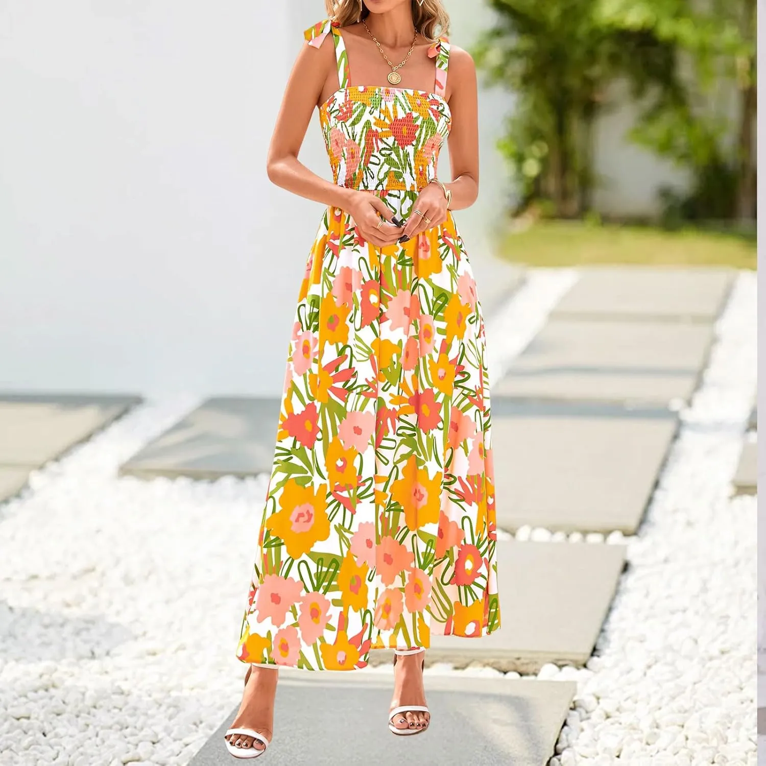 Women's Summer Floral Maxi Dress Spaghetti Strap Smocked Boho Beach Long Dress Sleeveless Ruffle Tiered Flowy Dresses