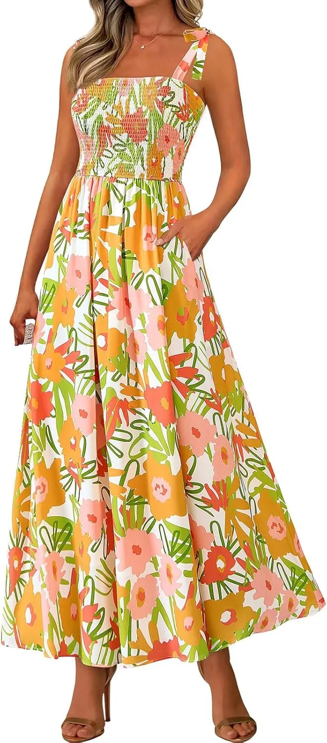 Women's Summer Floral Maxi Dress Spaghetti Strap Smocked Boho Beach Long Dress Sleeveless Ruffle Tiered Flowy Dresses