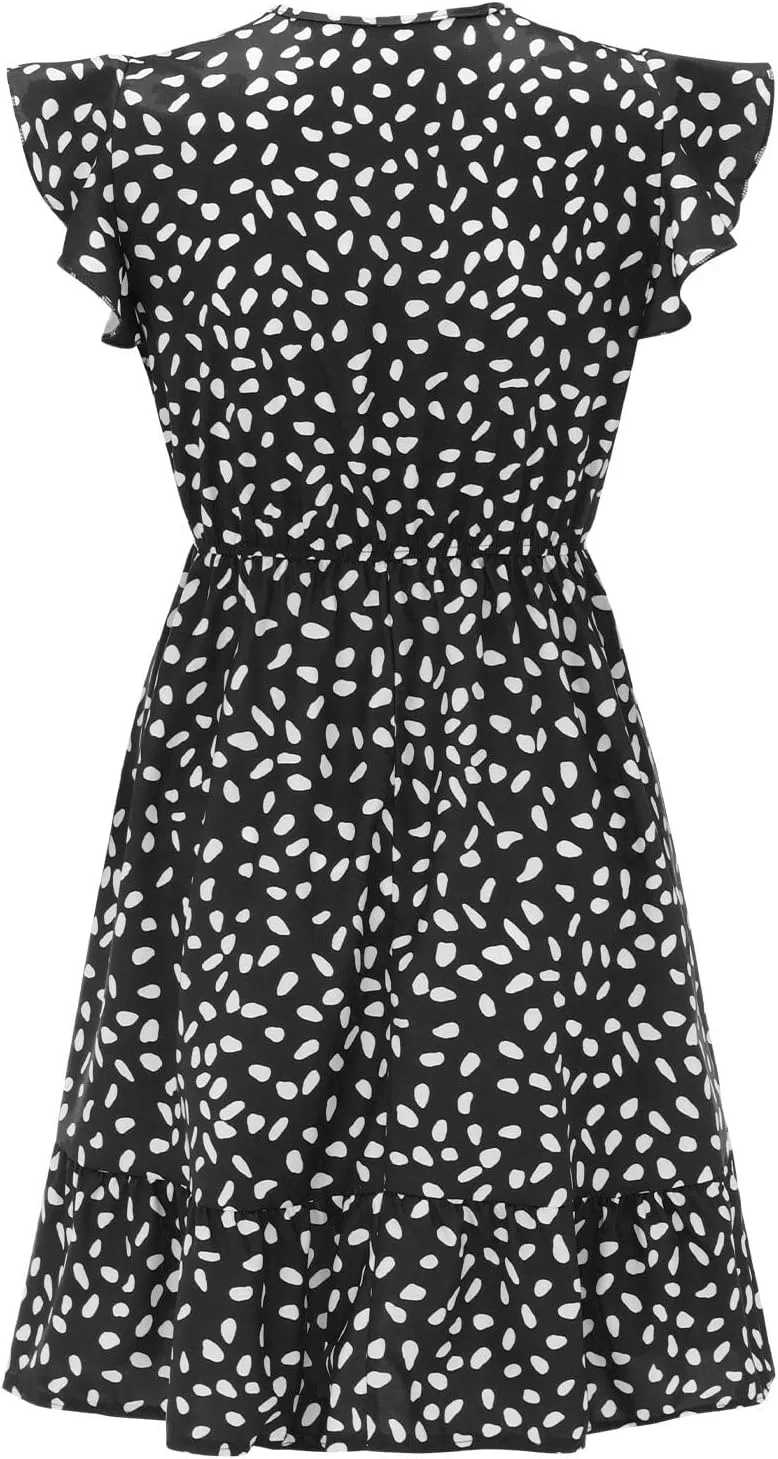 Womens Summer Floral Printed Smocked Square Neck Ruffle Short Sleeve Mini Boho Dress Sleeveless Slip Dress Women