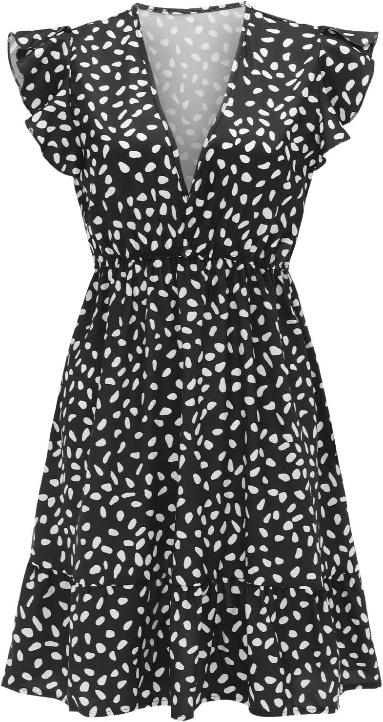 Womens Summer Floral Printed Smocked Square Neck Ruffle Short Sleeve Mini Boho Dress Sleeveless Slip Dress Women