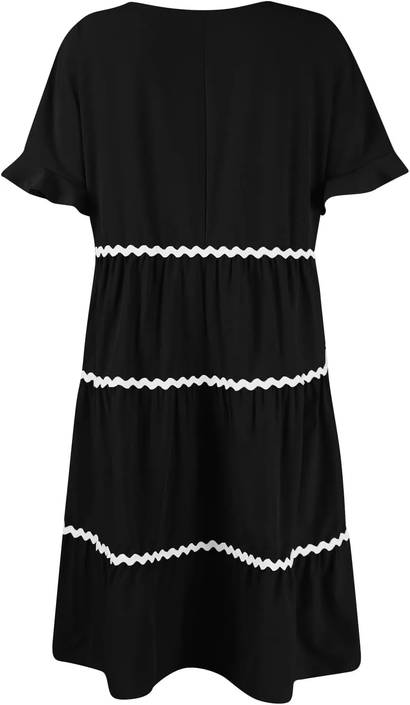 Women's Summer Flutter Short Sleeve Midi Dress Casual Crewneck Flowy Tiered Beach Vacation Fashionable Dresses