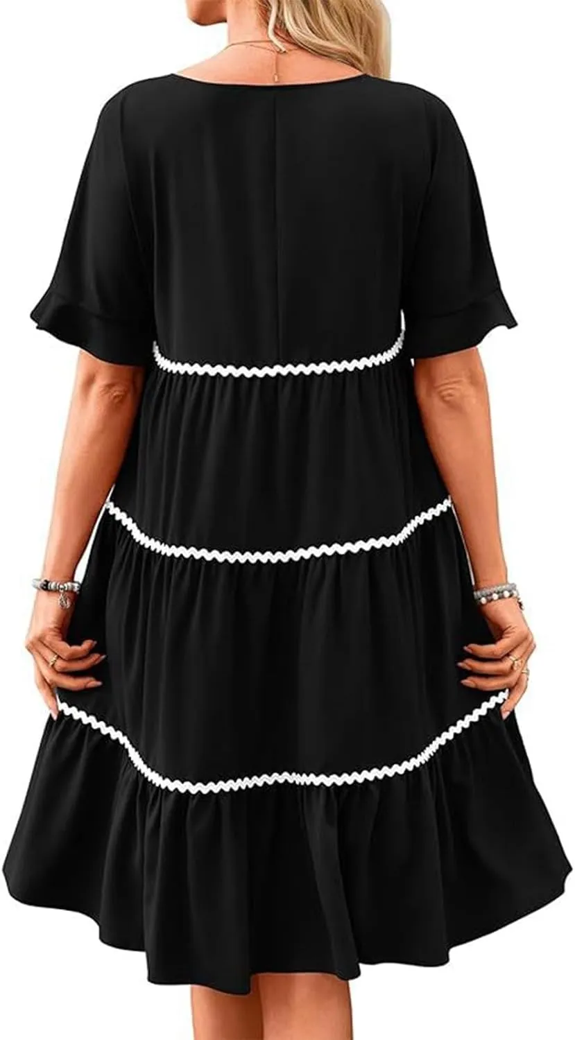 Women's Summer Flutter Short Sleeve Midi Dress Casual Crewneck Flowy Tiered Beach Vacation Fashionable Dresses