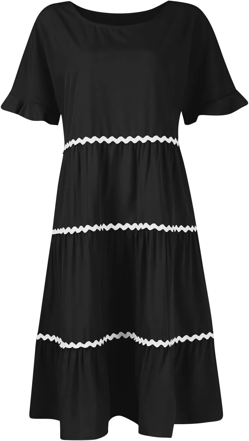 Women's Summer Flutter Short Sleeve Midi Dress Casual Crewneck Flowy Tiered Beach Vacation Fashionable Dresses