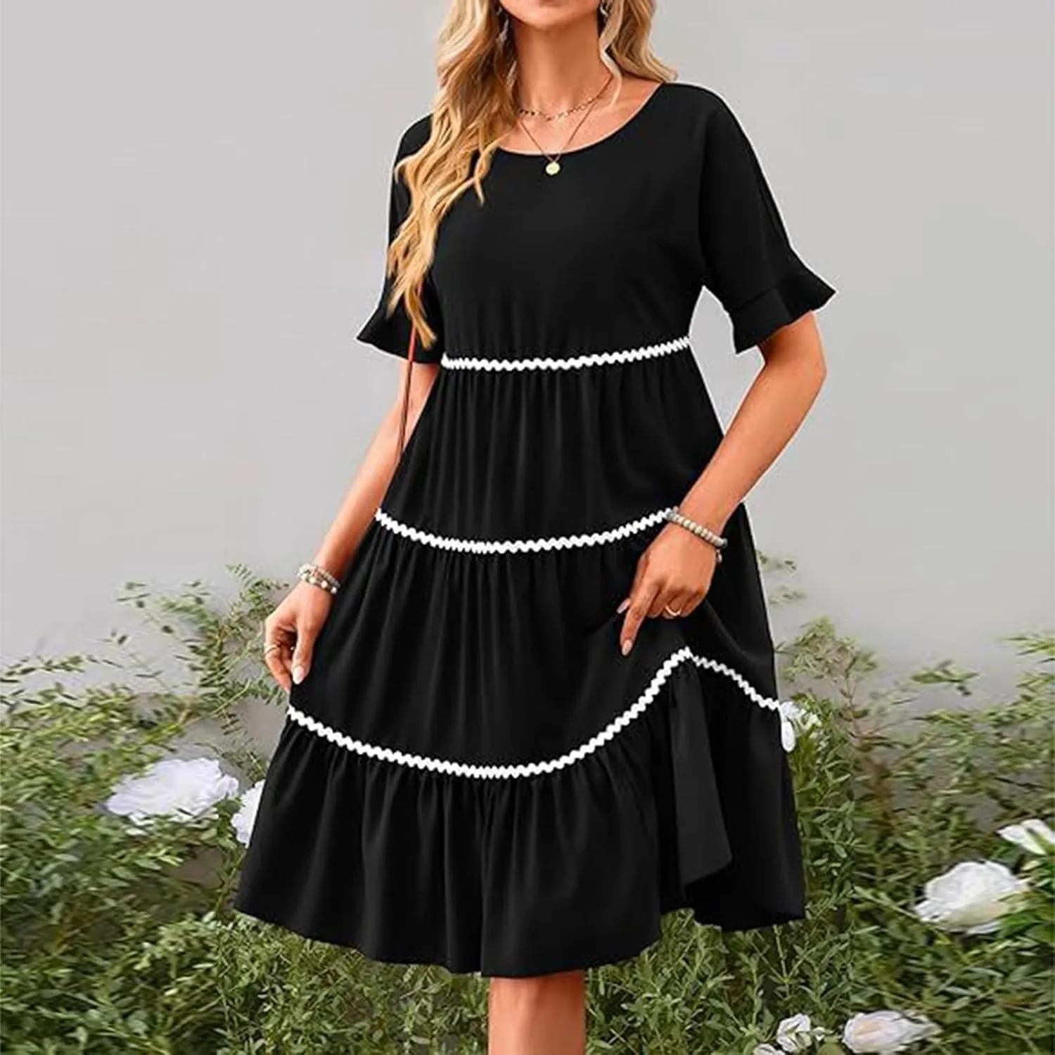Women's Summer Flutter Short Sleeve Midi Dress Casual Crewneck Flowy Tiered Beach Vacation Fashionable Dresses